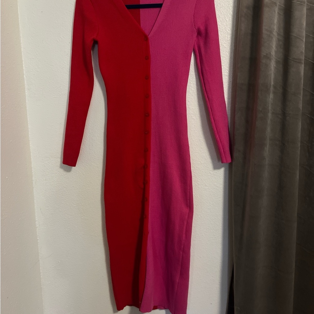 Nanette Lepore Red and Pink Long Sleeve Bodycon Dress